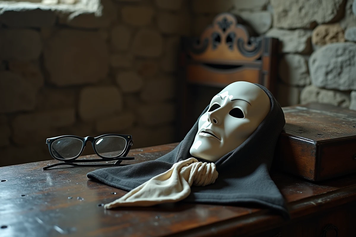 Masque théâtral et accessoires formels sur une table baroque évoquant la double nature et la vraie identité de Klahadore dans One Piece