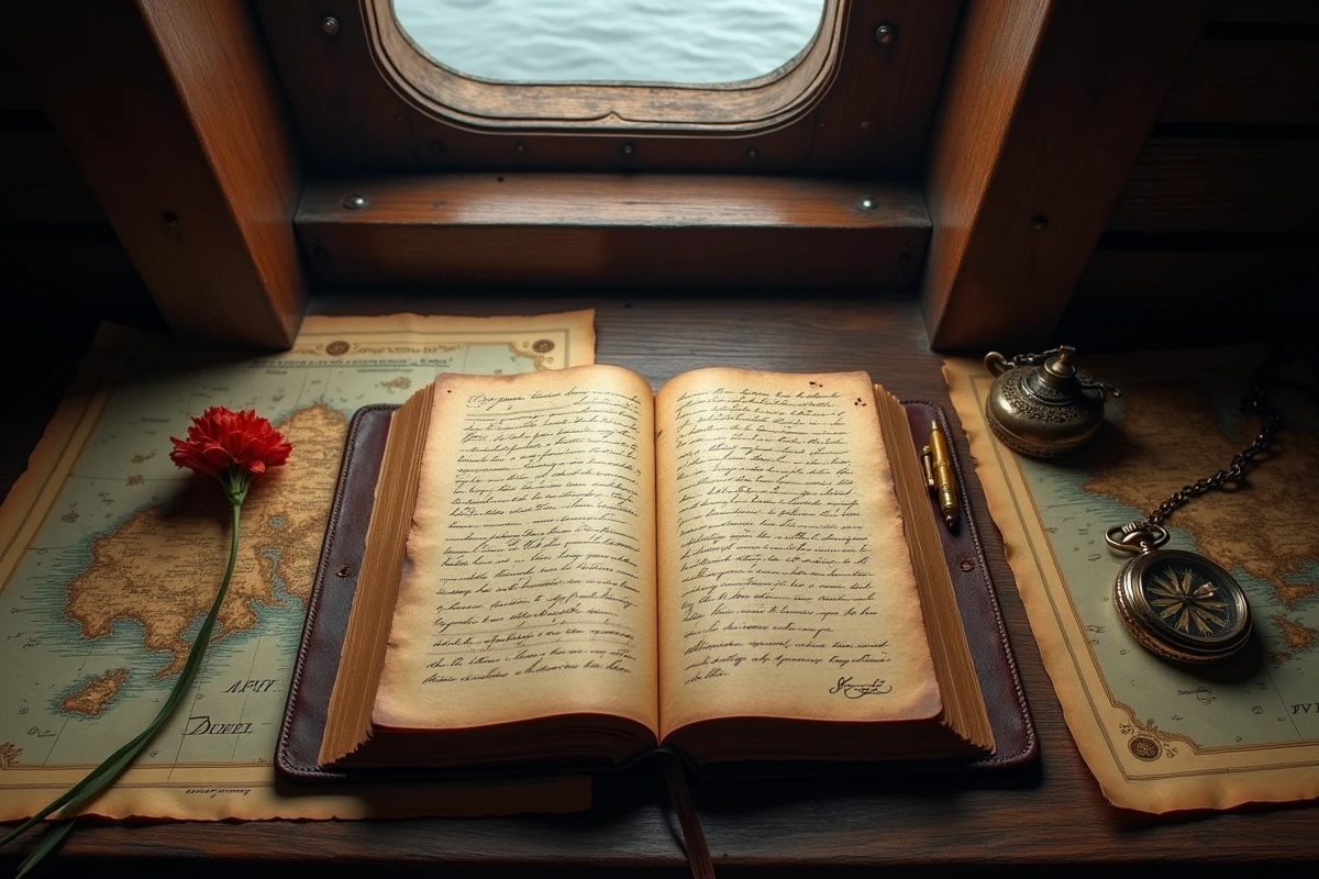 Journal ancien et cartes nautiques évoquant le passé mystérieux et les origines cachées du personnage Klahadore de One Piece