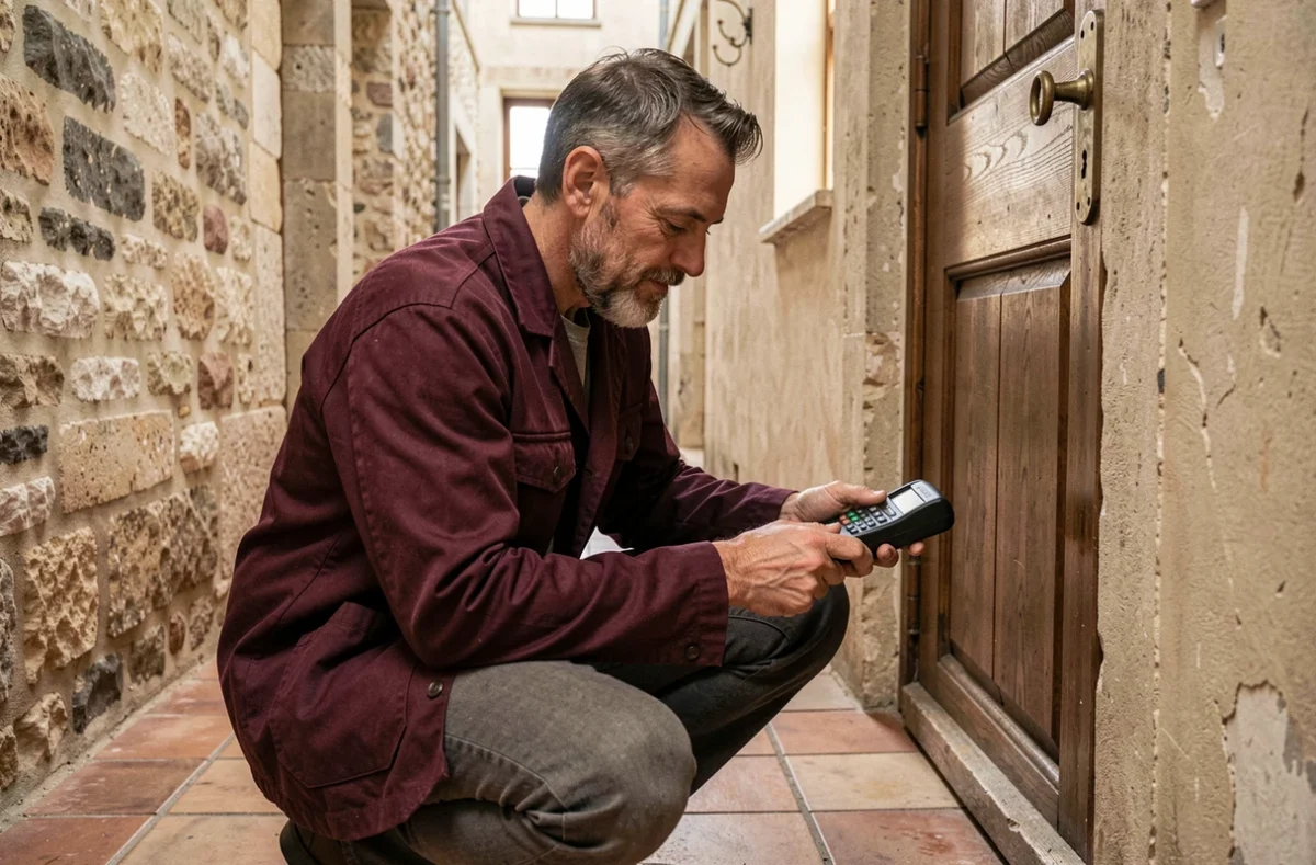 Lacour Thierry, serrurier artisan, en intervention dans une maison ancienne de Caen