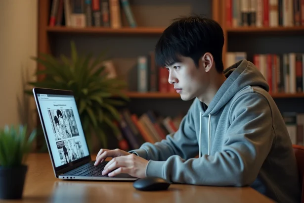 Jeune homme lisant des mangas en ligne sur un ordinateur portable avec une expression préoccupée par la sécurité numérique