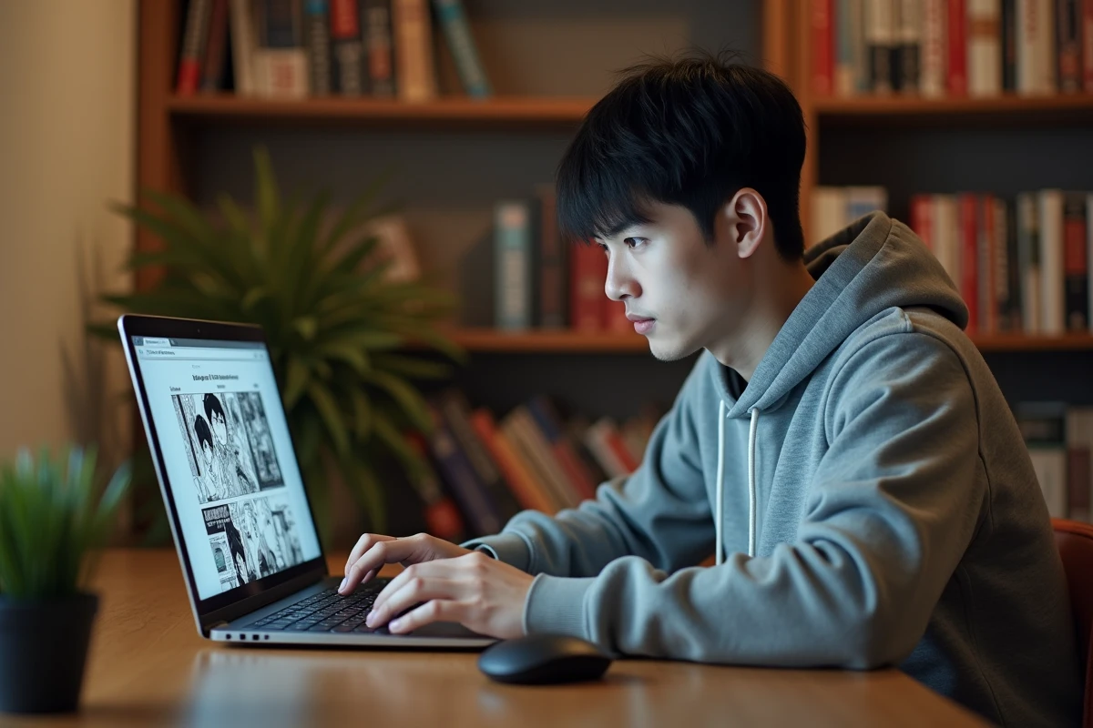 Jeune homme lisant des mangas en ligne sur un ordinateur portable avec une expression préoccupée par la sécurité numérique