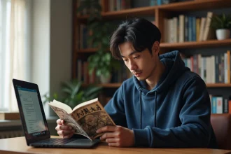 Jeune homme lisant un tome de manga One Piece à son bureau avec un ordinateur portable ouvert