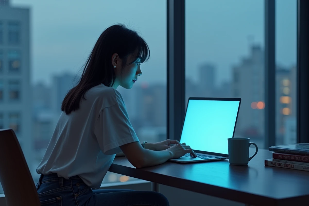 Jeune femme lisant One Piece en scan numérique sur un ordinateur portable dans un appartement moderne