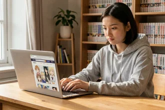 Jeune femme lisant des scans manga en VF sur un ordinateur portable dans un bureau cosy entouré de livres
