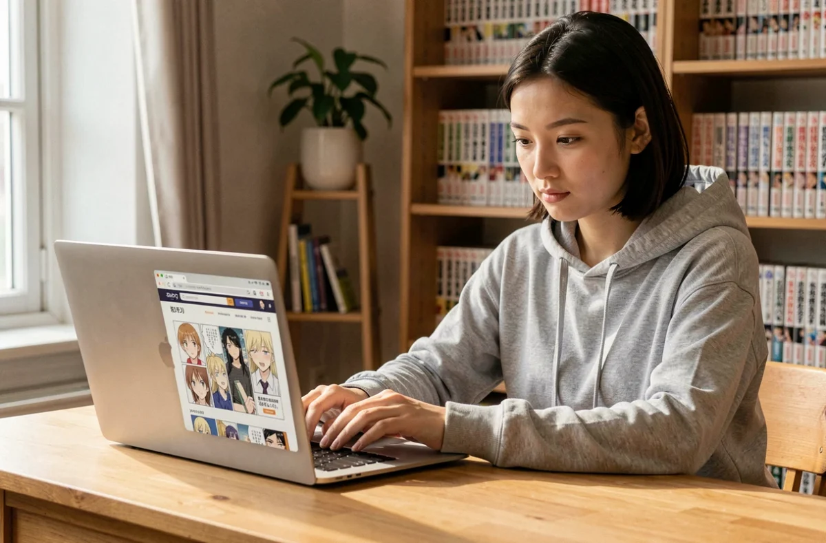 Jeune femme lisant des scans manga en VF sur un ordinateur portable dans un bureau cosy entouré de livres