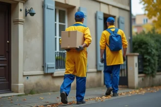 Facteur Colissimo en uniforme livrant un colis devant une maison pavillonnaire un samedi matin