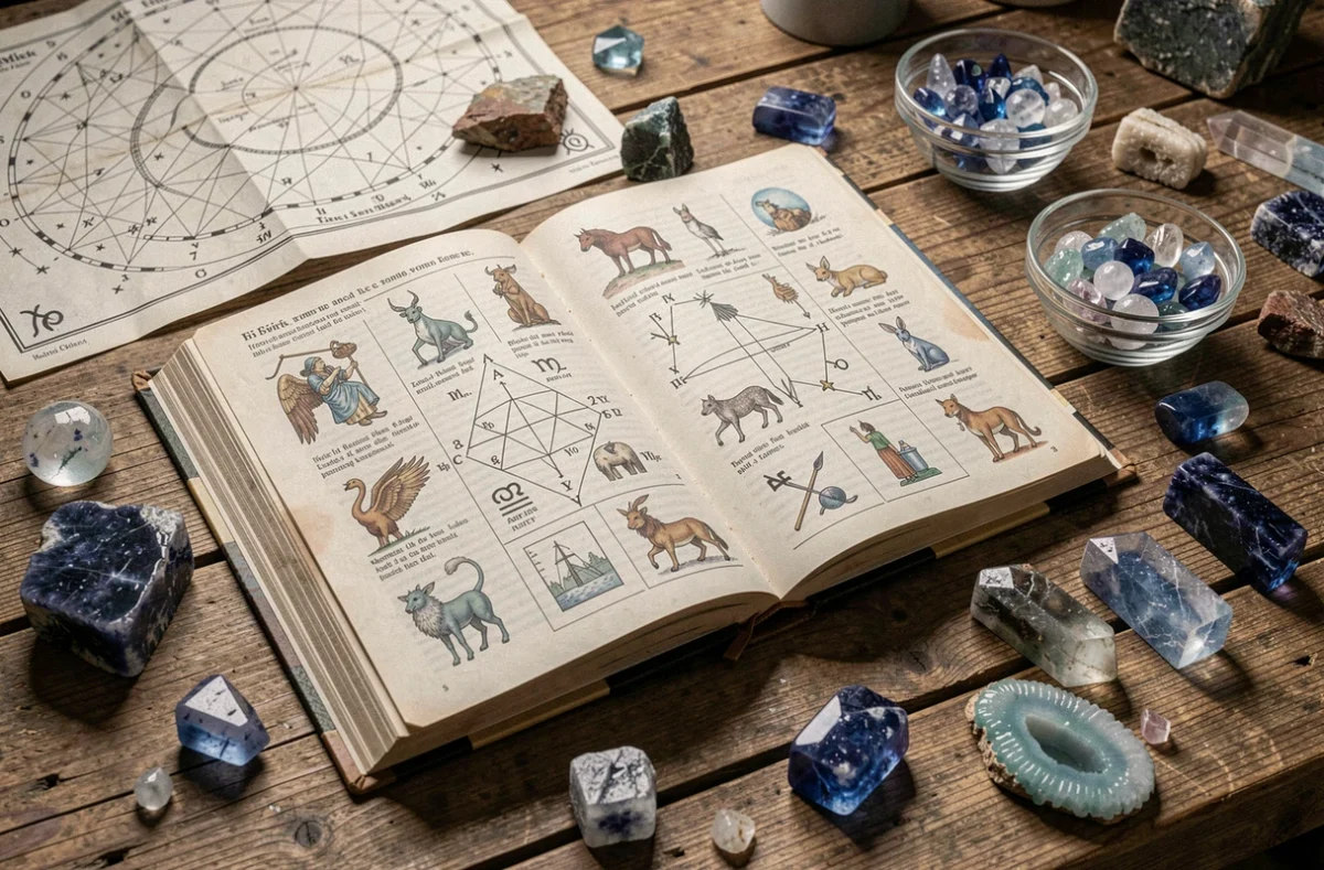 Livre d'astrologie ouvert sur les signes du zodiaque entouré de pierres bleues comme la sodalite et l'agate bleue sur un bureau en bois