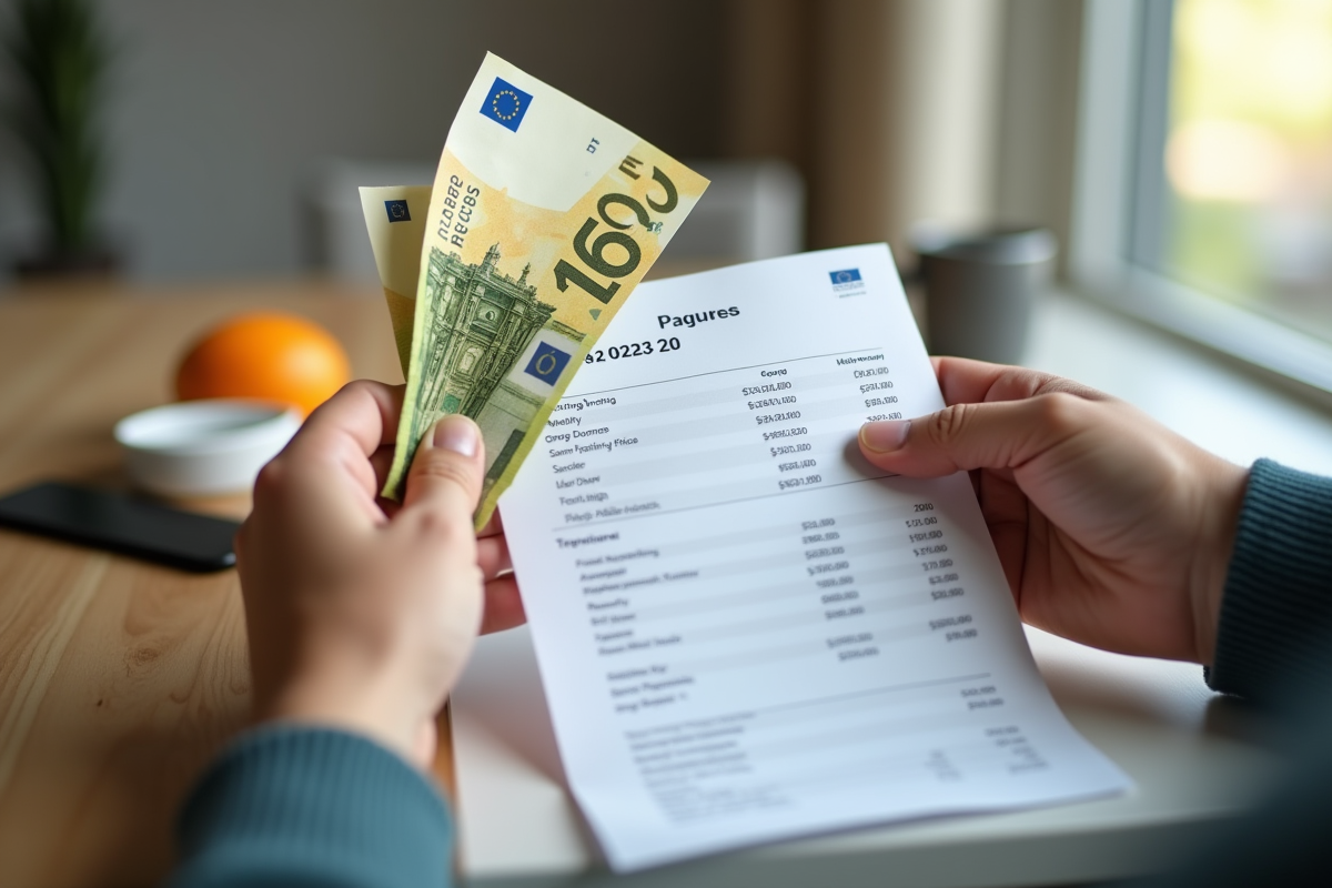 Deux mains tenant des billets et une fiche de salaire