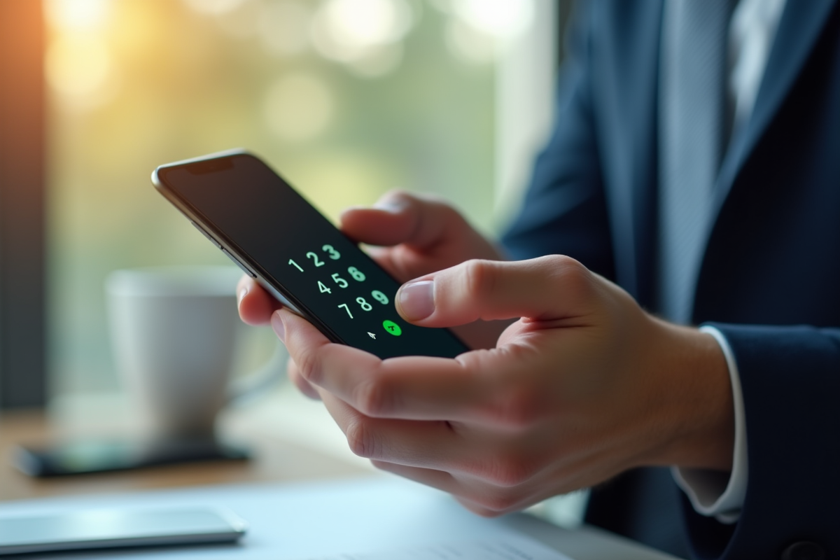 Gros plan sur une main composant un numéro sur un smartphone moderne