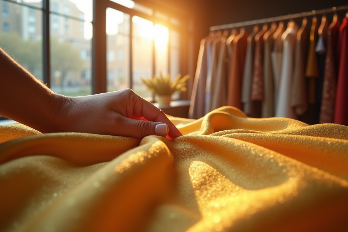 Main touchant un tissu brode doré en boutique élégante