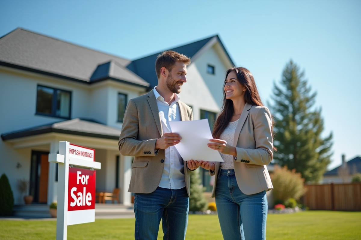 Couple discutant avec un agent immobilier devant une maison à vendre