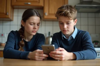 Mère et fille regardant un smartphone dans la cuisine