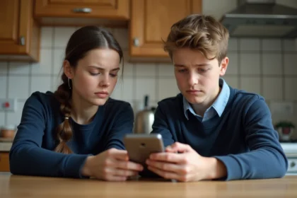 Mère et fille regardant un smartphone dans la cuisine