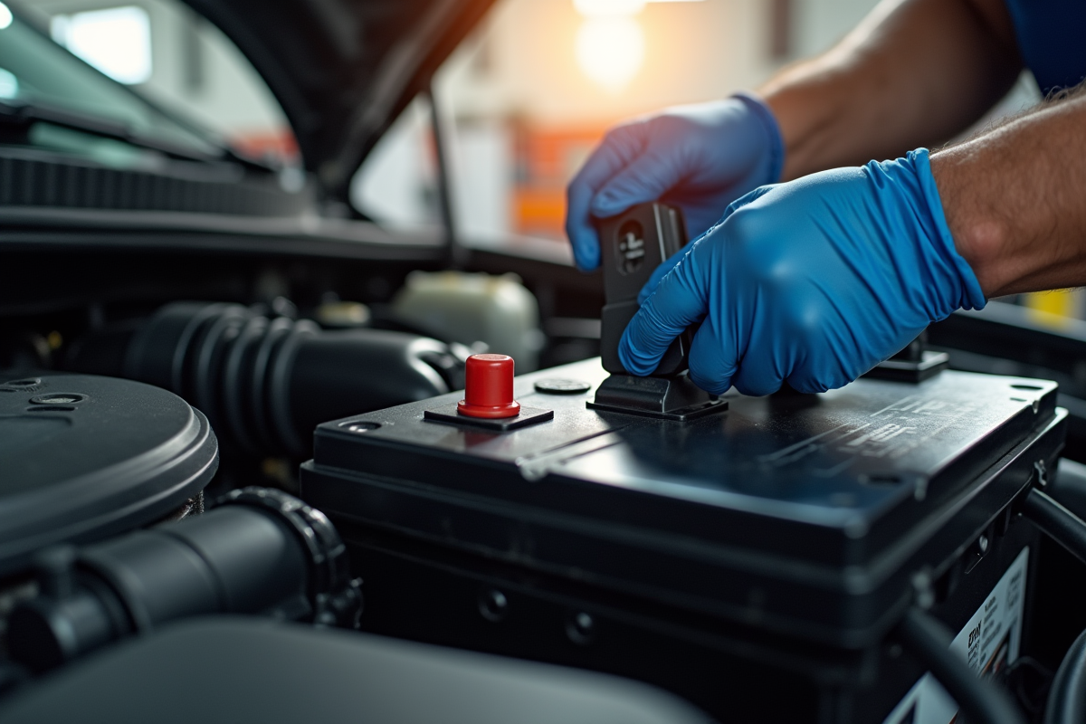 Mécanicien posant une nouvelle batterie dans un véhicule