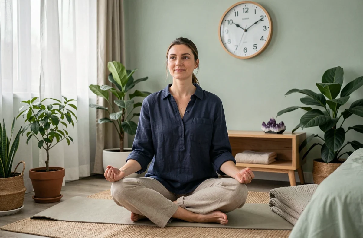 Femme en position de méditation sur un tapis de yoga avec une horloge affichant 23h23 en arrière-plan, dans un espace spirituel apaisant décoré de cristaux et de plantes