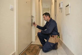 Serrurier professionnel intervenant sur une porte d'appartement à Caen