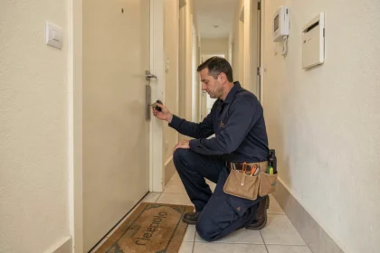 Serrurier professionnel intervenant sur une porte d'appartement à Caen
