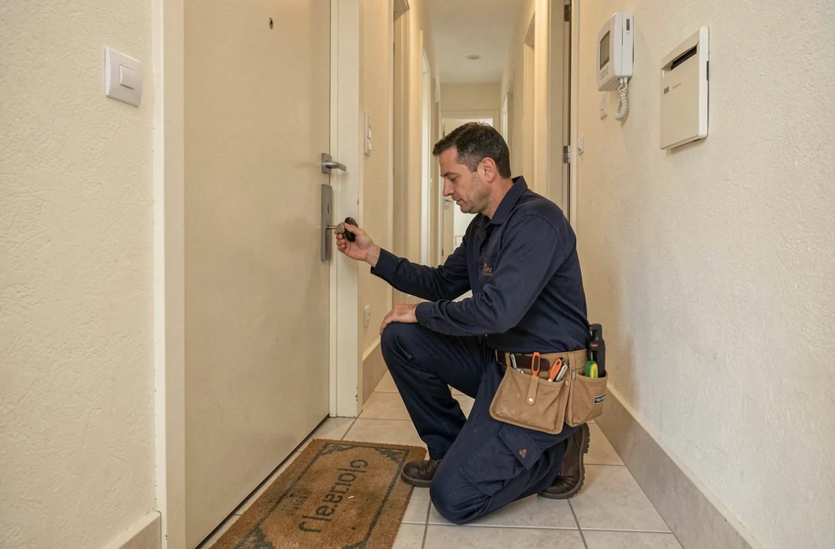 Serrurier professionnel intervenant sur une porte d'appartement à Caen
