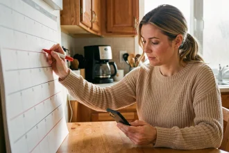 Mère de famille consultant son calendrier scolaire 2026 à la cuisine pour organiser les semaines paires et impaires