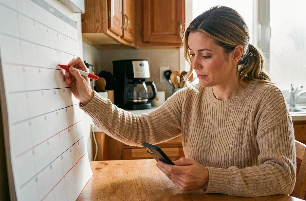 Mère de famille consultant son calendrier scolaire 2026 à la cuisine pour organiser les semaines paires et impaires