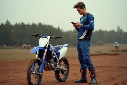 Jeune motard vérifiant son smartphone à côté d'une moto Yamaha 125