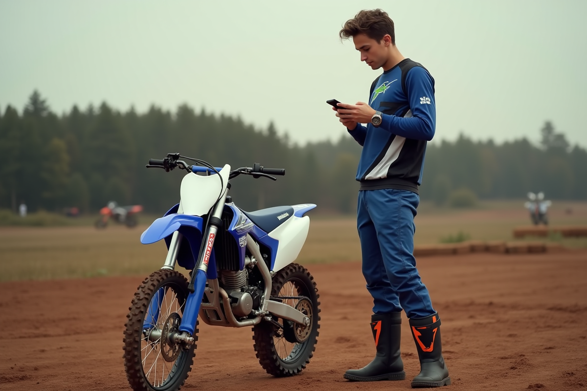 Jeune motard vérifiant son smartphone à côté d'une moto Yamaha 125