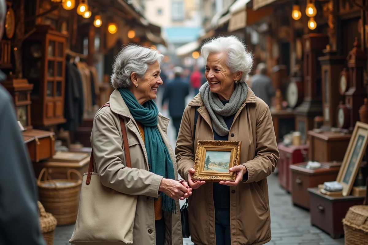 Deux femmes en train de négocier le prix d'un tableau ancien avec un vendeur à la braderie