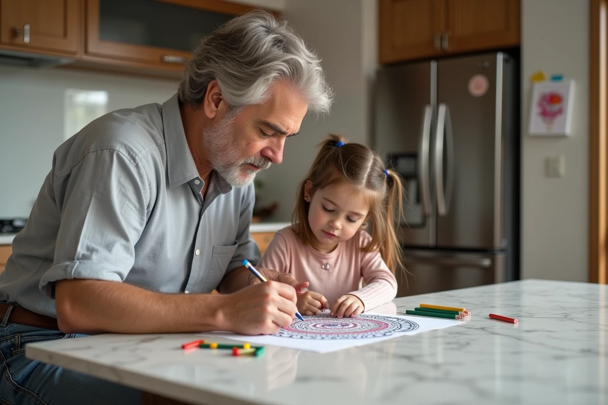 Père et fille coloriant un mandala à la cuisine