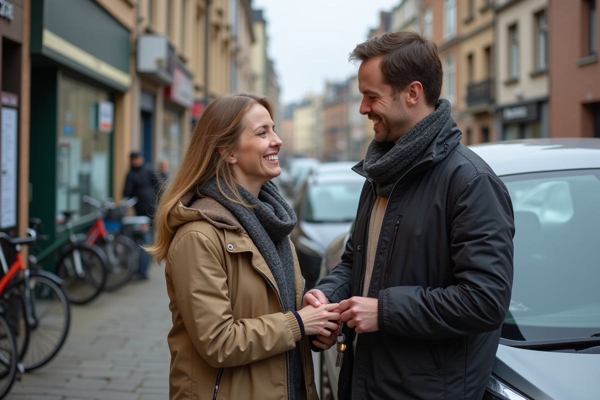 Partage de clés devant une voiture en ville