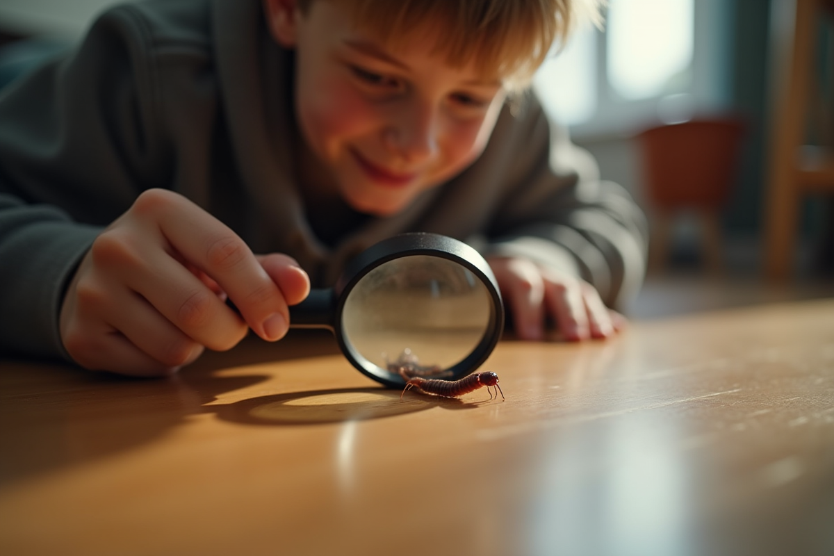 Une personne examine un asticot avec une loupe dans une pièce lumineuse
