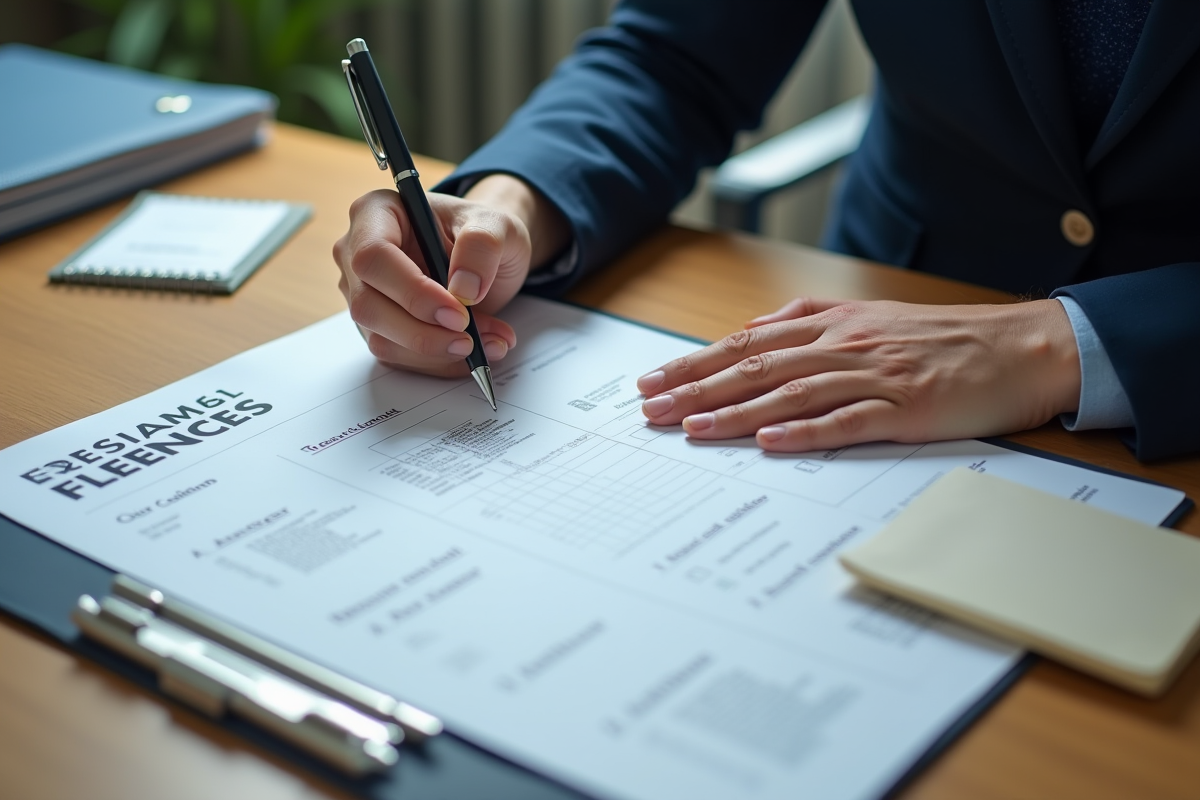 Personne remplissant papiers officiels sur un bureau en bois