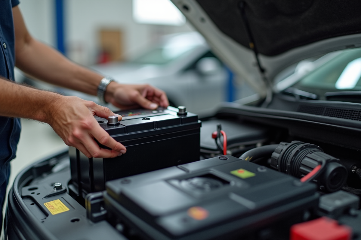 Personne examinant deux batteries de voiture en plein jour