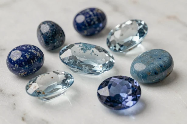 Collection de pierres bleues polies sur marbre blanc pour la lithothérapie et l'astrologie, incluant lapis-lazuli, aigue-marine et saphir