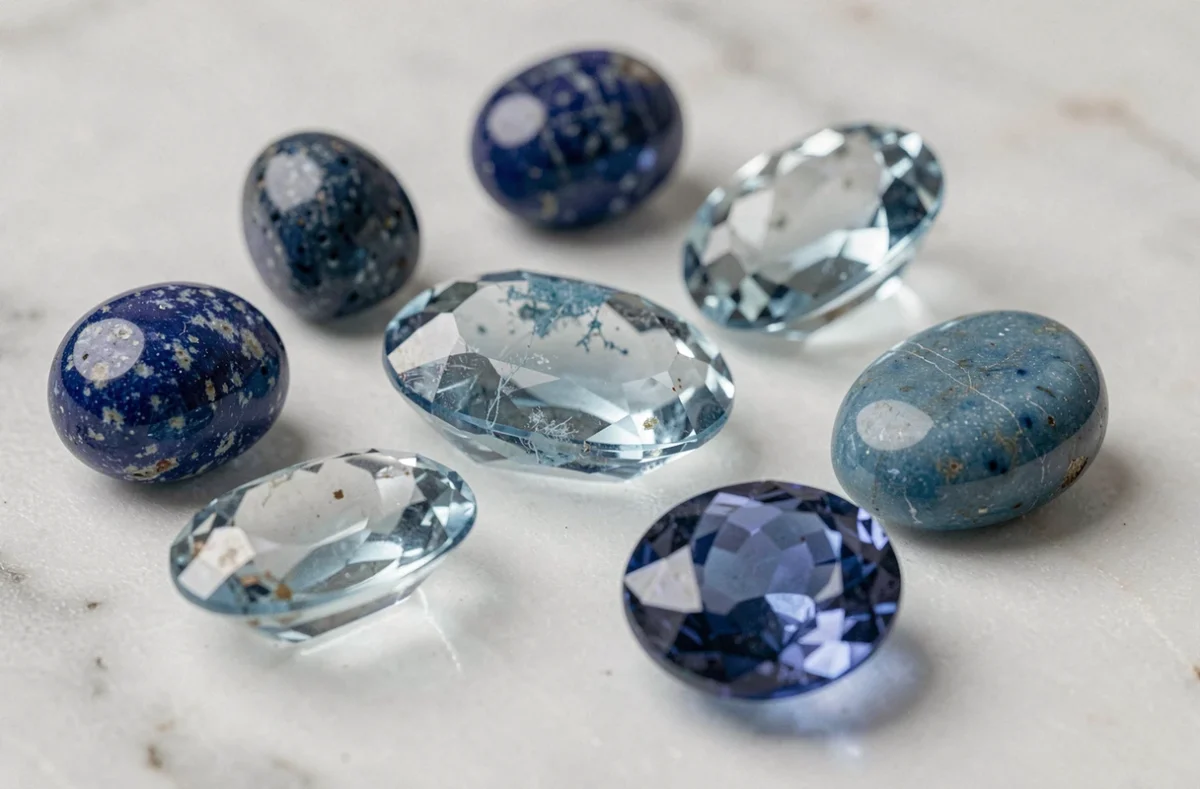 Collection de pierres bleues polies sur marbre blanc pour la lithothérapie et l'astrologie, incluant lapis-lazuli, aigue-marine et saphir