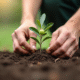 Mains de jardinier plantant un olivier dans la terre