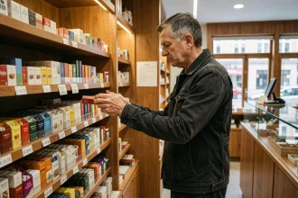 Un homme examine les prix des cartouches de cigarettes dans un bureau de tabac au Luxembourg