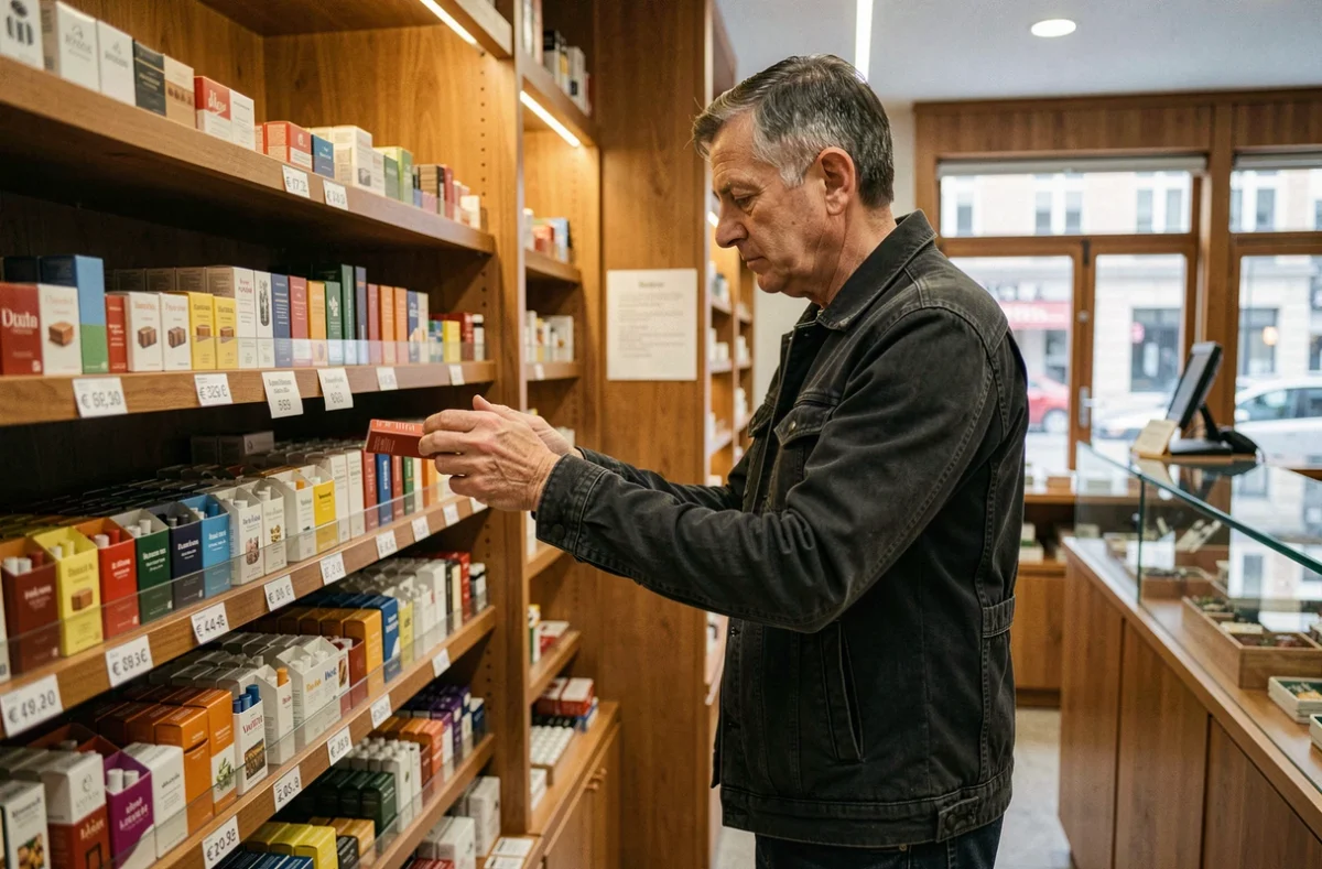 Un homme examine les prix des cartouches de cigarettes dans un bureau de tabac au Luxembourg