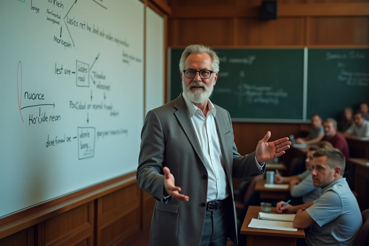 Professeur universitaire expliquant des concepts au tableau dans un amphithéâtre, représentant l'approche académique et nuancée de la définition de la cancel culture