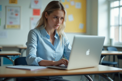 Jeune professeure en classe avec ordinateur portable