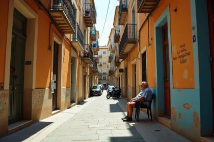 Rue populaire de Marseille avec façades colorées, linge aux balcons et ambiance de quartier authentique