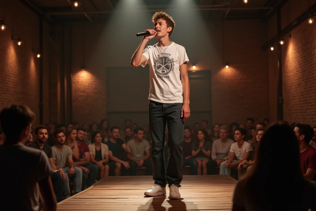 Grand rappeur sur scène dans une salle de concert intimiste, microphone en main, incarnant la présence physique dans le rap français