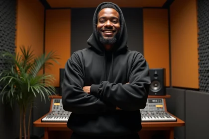 Rappeur de grande taille en studio d'enregistrement, bras croisés, évoquant la question de la stature dans le rap français