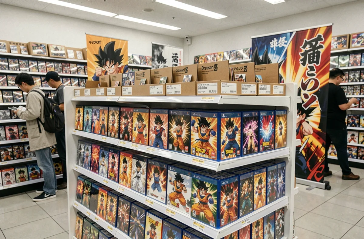 Rayon de jeux vidéo en magasin avec des boîtes de jeux de combat animé Dragon Ball Z alignées sur des étagères