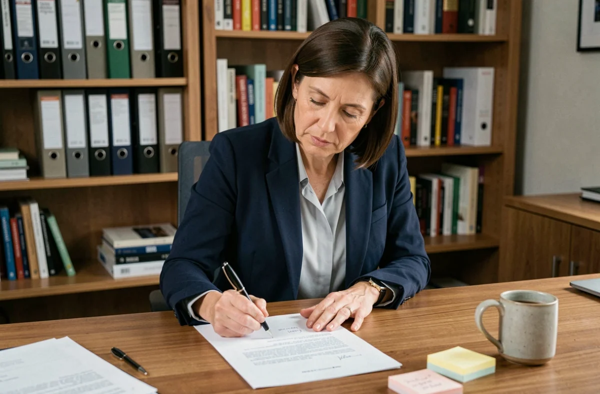 Femme rédigeant sa profession de foi pour une élection locale, assise à un bureau avec des notes manuscrites et un brouillon imprimé