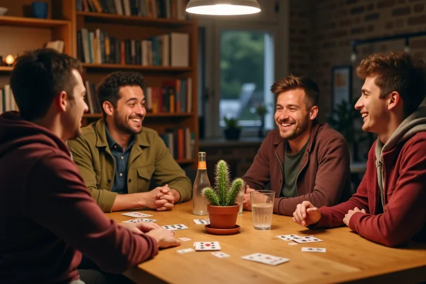 Groupe d'amis jouant aux cartes autour d'une table en bois avec un cactus palmier comme accessoire de jeu convivial