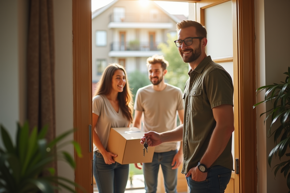 Un propriétaire remet les clés à des colocataires heureux devant un appartement