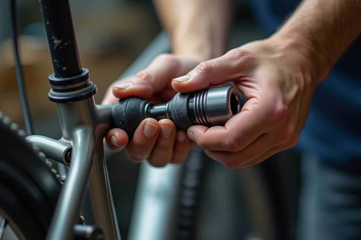 Mains d'un artisan réparant une bicyclette avec une clé à douille