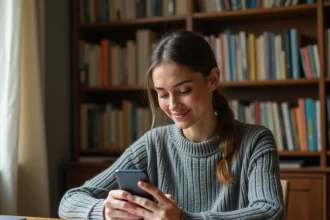 Jeune femme saisissant un code de rachat Chapters sur son smartphone dans un bureau à domicile confortable
