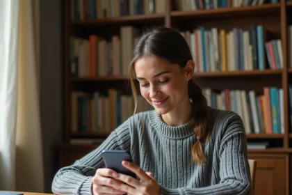 Jeune femme saisissant un code de rachat Chapters sur son smartphone dans un bureau à domicile confortable