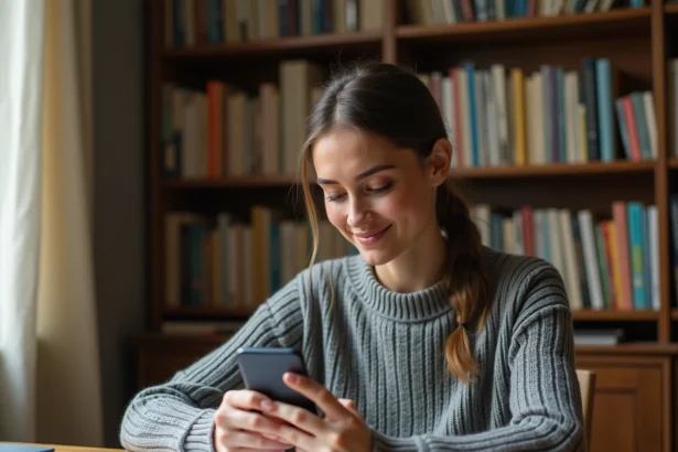 Jeune femme saisissant un code de rachat Chapters sur son smartphone dans un bureau à domicile confortable